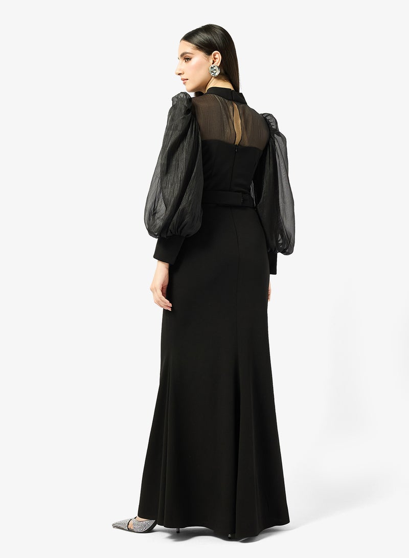 Iyra Puff Sleeve Belted Flared Hem Dress - Image 2
